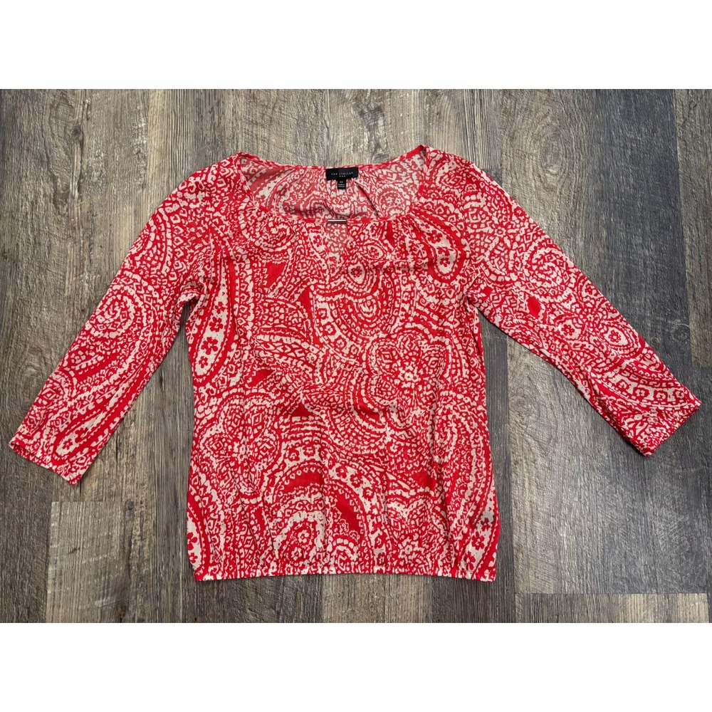 The Limited Red Paisley 3/4 Sleeve Bubble Hem Blouse XS Keyhole Neck Top